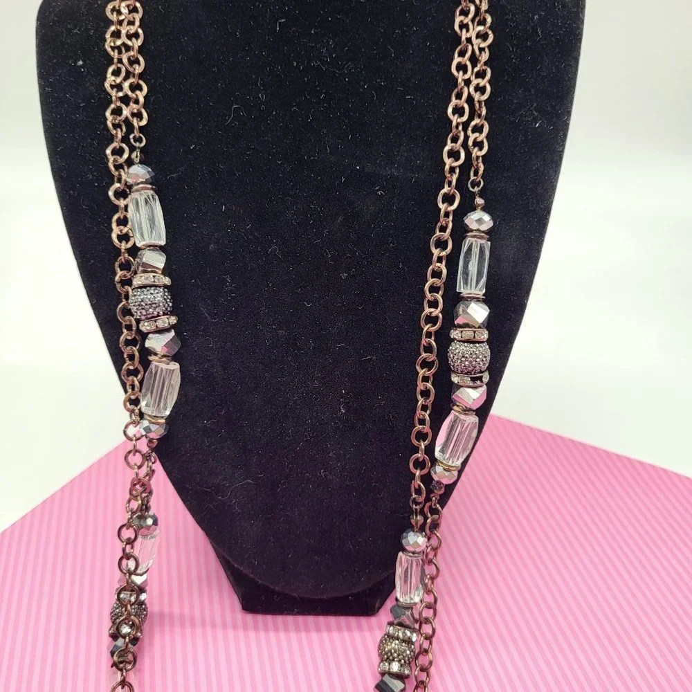 INC Intl Concepts Metal Necklace Gunmetal Silver Clear Rhinestone Faceted Beads